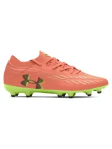 Championes de fútbol Under Armour Magnetico Pro 4 FG, color naranja con suela y detalles en verde lima. Presentan tecnología UA Clone en la parte superior para un ajuste personalizado, impresión 3D para mayor control y cuello de punto tipo calcetín.