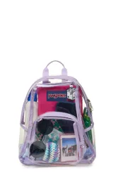 Mochila mini transparente de la marca JanSport con ribetes y correas en color lila pastel. Cuenta con un compartimento principal y un bolsillo frontal con cierre.
