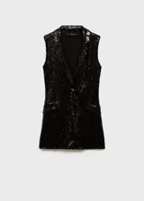 Mono corto de fiesta color negro con lentejuelas, cuello con solapa, sin mangas, bolsillos de ribete y forro interior.