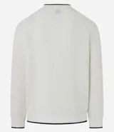 Sweater de manga larga color azul marino con textura acanalada vertical. Presenta un cuello redondo con un ribete blanco contrastante y un borde inferior con un detalle blanco asomando.