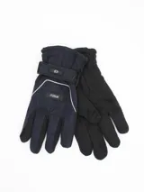 Guantes de protección para motociclista, confeccionados en poliéster resistente. Presentan un diseño en color azul marino y negro, con ajuste de velcro en la muñeca, detalles reflectantes y palma con textura antideslizante para mayor agarre.
