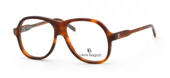 Armazón de anteojos Laura Biagiotti modelo 73, con diseño estilo aviador de acetato en color carey. Presenta el logo de la marca en las patillas.
