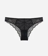 Bombacha modelo bikini confeccionada en encaje floral con detalles de transparencia. Presenta un diseño clásico con forro de algodón en la parte inferior.