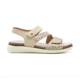 Sandalias beige con plataforma, tiras con estampado floral y ajuste con velcro.