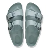Sandalias Birkenstock modelo Arizona Big Buckle EVA, color verde claro, con dos tiras ajustables con hebillas grandes transparentes.