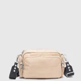 Cartera tipo bandolera de la marca Bubba, color beige, con múltiples compartimentos con cierre y correa ajustable de tela negra con detalles metálicos.