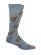 Medias largas de bambú con diseño estampado de alces sobre fondo azul y detalles de franjas horizontales en tonos tierra.