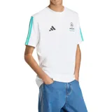 Remera Adidas Mercedes-AMG Petronas Formula 1 DNA color blanco, con cuello redondo y mangas cortas. Presenta el logo de Adidas y el emblema del equipo Mercedes en el pecho, junto con detalles en turquesa en los hombros.