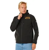 Campera rompevientos negra con capucha ajustable, cierre frontal completo y bolsillos laterales con cierre. Presenta un estampado gráfico en el pecho con la inscripción Rip Curl Pro Bells Beach Australia y puños elásticos.