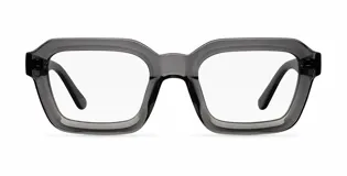 Armazón de receta con diseño cuadrado de estilo retro, fabricado en bio acetato de color gris traslúcido.