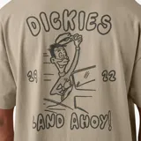 Remera de manga corta color beige con logo de la marca Dickies estampado en el pecho. Presenta un corte relajado, cuello redondo y costuras reforzadas.