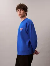 Buzo de felpa azul con cuello redondo, manga larga y corte regular. Presenta puños y dobladillo acanalados, con el logo y bordado 'Very' de Calvin Klein en el pecho.