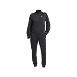 Conjunto deportivo Adidas Essentials Feel negro, compuesto por campera con cierre frontal, cuello alto y pantalón con cintura elástica y cordón ajustable. Ambos con bolsillos frontales y puños acanalados.