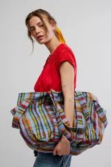 Bolso tote de tela con estampado de cuadros multicolor, gran capacidad, doble asa de hombro y bolsillos laterales.