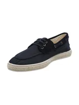 Alpargata tipo slip-on de color azul navy, con cordones frontales, detalles de costuras y suela revestida en yute trenzado.