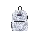 Mochila Jansport Cross Town con estampado de arcoíris, flores, soles y nubes en blanco y negro.
