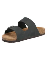 Sandalias de cuero color azul navy marca RKF, modelo Charly II, con dos tiras ajustables con hebillas metálicas y suela de corcho con base de goma.