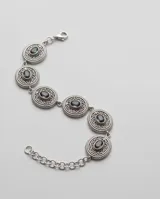 Pulsera de plata 925 con dijes circulares de diseño texturizado y piedras naturales de topacio místico.