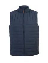 Chaleco acolchado Journey de RKF en color azul navy, con diseño de pespuntes horizontales, cuello alto y cierre frontal completo con tirador de cuero. Cuenta con bolsillos laterales y calce regular.