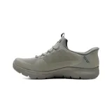 Championes deportivos Skechers modelo Slip-ins Summits Dorrez Wide Fit, color gris, con diseño sin cordones, parte superior de tejido técnico y horma ancha.