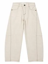 Pantalón de tiro bajo y fit barrel confeccionado en mezcla de lino y algodón, con costuras pespunteadas a contratono y bolsillos delanteros.