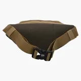 Riñonera unisex de diseño compacto, confeccionada en nylon resistente. Presenta una combinación de colores en tonos tierra, con la parte superior en beige y la inferior en verde oliva. Incluye cierres con tiradores en color naranja vibrante y un parche frontal con el logo de la marca.