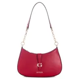 Cartera tipo hobo de Guess modelo Carrie, color rojo, fabricada en simil cuero con herrajes dorados y detalles de cadena en la correa de hombro. Cuenta con solapa frontal con cierre magnético y el logo de la marca en letras metálicas.