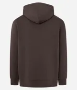 Saco con capucha de algodón y poliéster, color marrón oscuro, con bolsillo canguro frontal y cordón de ajuste. Presenta un pequeño logo bordado en el pecho izquierdo y un gráfico ovalado en el centro del pecho.