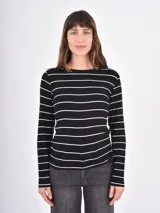 Remera de manga larga con diseño de rayas horizontales blancas sobre fondo negro, confeccionada en tejido de punto con cuello redondo.