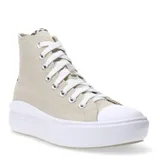 Championes de caña alta Converse modelo Chuck Taylor Move, color beige con suela de plataforma blanca. Presenta cordones blancos y detalle de estampado animal print en la parte superior de la lengüeta.