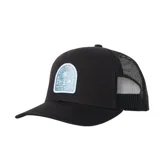 Gorra tipo trucker color negro con panel frontal de lona y panel trasero de malla. Presenta un parche frontal con diseño de palmera y texto alusivo a la marca.