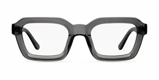 Lentes con armazón cuadrado de diseño inspirados en los años 70, color gris traslúcido y cristales transparentes con tecnología de protección contra luz azul.