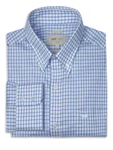 Camisa de manga larga RKF confeccionada en popelina de algodón, con diseño de cuadros en tonos azules y blancos. Presenta cuello con botones, cierre frontal abotonado, puños ajustables y bolsillo en el pecho con el logo de la marca bordado.