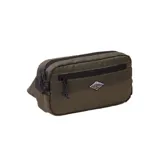 Riñonera verde militar con dos compartimentos con cierre de cremallera y logo de la marca estampado en blanco.