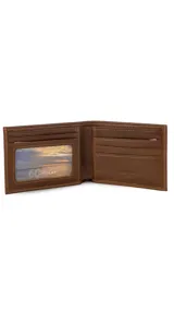 Billetera de cuero color marrón claro, con interior que incluye visor, tarjeteros y doble compartimento para billetes.