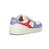 Championes urbanos de mujer Diadora Spitfire, con base blanca y detalles de color en rojo, verde menta y lila. Presentan un diseño de caña baja con cordones blancos y suela gruesa.