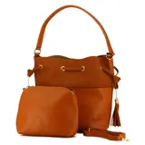 Cartera tipo bucket color marrón con neceser extraíble.