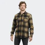 Camisa de franela a cuadros color beige y negro, de manga larga, con dos bolsillos con solapa abotonada en el pecho.