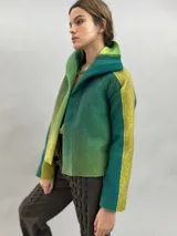 Chaqueta de lana merino afieltrada con diseño en degradé de tonos verdes y amarillos. Presenta un corte recto, cuello alto, mangas largas y bolsillos laterales.