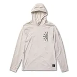 Remera de manga larga con capucha, color blanco, confeccionada en tejido técnico ligero. Presenta un estampado gráfico minimalista en el pecho y un parche con el logo de la marca en la parte inferior.