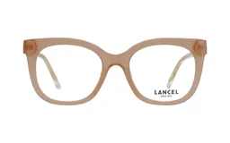 Armazón para lentes de acetato color beige, de forma irregular, con el logo de la marca en el lateral.