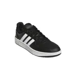 Championes Adidas Hoops 3.0 Low de estilo urbano, color negro con las tres bandas características en blanco y suela de goma blanca. Presentan un diseño de corte bajo con cierre de cordones y logo de la marca en el talón y la entresuela.
