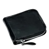 Billetera de cuero genuino color negro, con diseño compacto y cierre perimetral metálico.