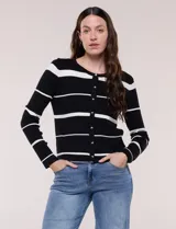 Cardigan de punto fino Elie Tahari con diseño a rayas horizontales en color negro y blanco, escote redondo, cierre frontal de botones y mangas largas.