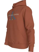 Buzo con capucha color ladrillo, con cordones ajustables, puños y bajo acanalados, bolsillo tipo canguro y logo Calvin Klein Jeans estampado en el pecho.