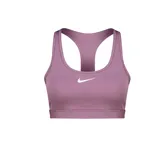 Sujetador deportivo Nike Swoosh color lila, con almohadillas cosidas y logo blanco en el centro.