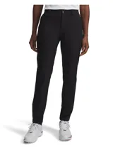Pantalón de golf Under Armour modelo UA Drive, color negro, de corte ajustado en las piernas. Confeccionado con tejido elástico de alto rendimiento que incluye tecnología UA Storm repelente al agua, protección UPF 50+ y control de olores. Cuenta con cintura elástica, bolsillos laterales abiertos y bolsillos traseros.