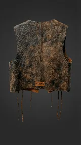 Chaleco negro de cuero, con diseño sin mangas y cierre frontal con tiras finas para anudar. Presenta detalles de cordones cruzados en los laterales, estilo corset.