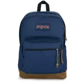 Mochila Jansport Right Pack color azul con base de gamuza marrón, compartimento principal amplio, bolsillo frontal con cierre y tiradores de cordón con detalles en cuero.