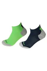 Pack de dos pares de soquetes deportivos con diseño anatómico, puntera y talón reforzados en color gris. Uno de los pares es de color verde y el otro es de color azul marino.